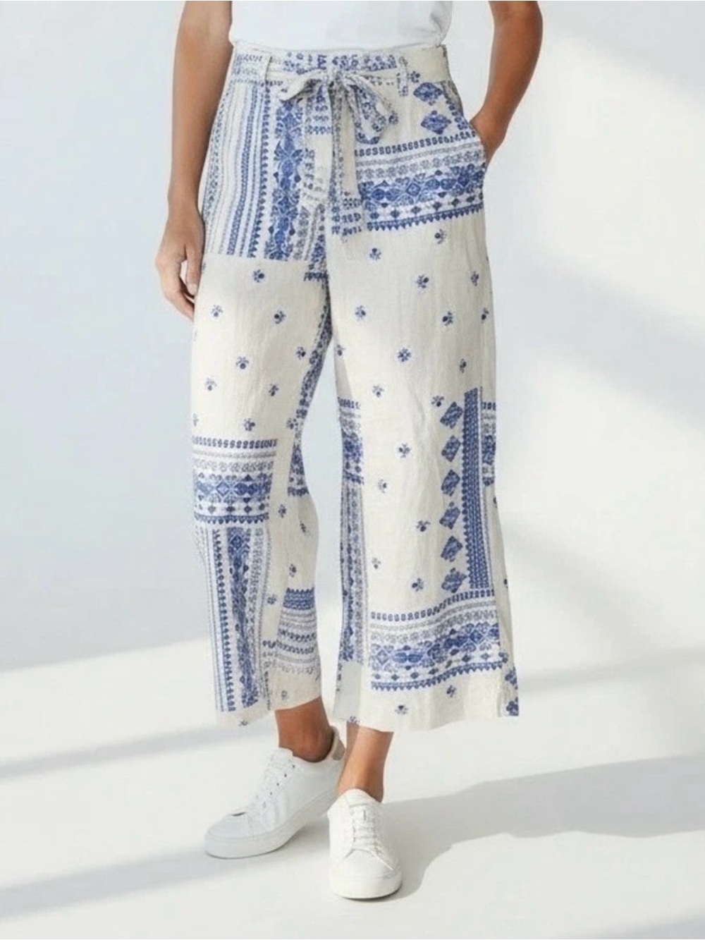 Joie Ivory & Blue Printed Linen Blend Wide Leg Cropped Tie Waist Pants Size 4